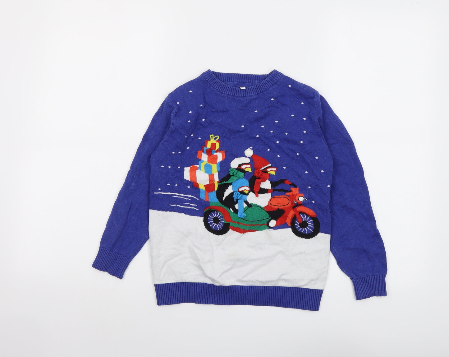 Marks and Spencer Boys Blue Round Neck Cotton Pullover Jumper Size 8-9 Years Pullover - Penguin Christmas