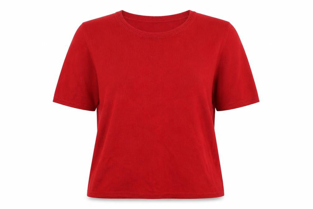 Front view of Classics women’s red round neck acrylic jumper, size UK 16
