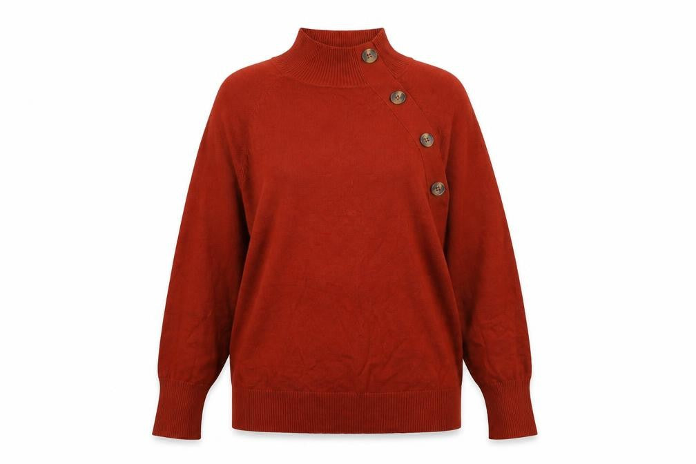 Front view of M&Co women’s red high neck viscose jumper, size UK 14