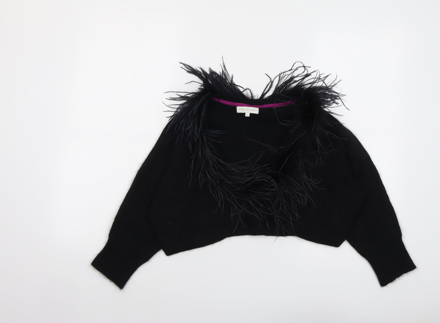 RJR.John Rocha Womens Black V-Neck Nylon Cardigan Jumper Size 14 - Feather detail