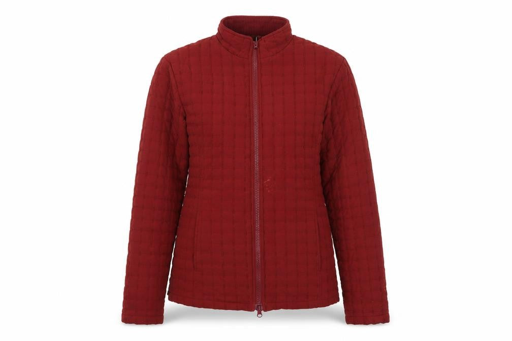 Front view of Jack Murphy women’s red quilted jacket, size UK 10, zip - textured