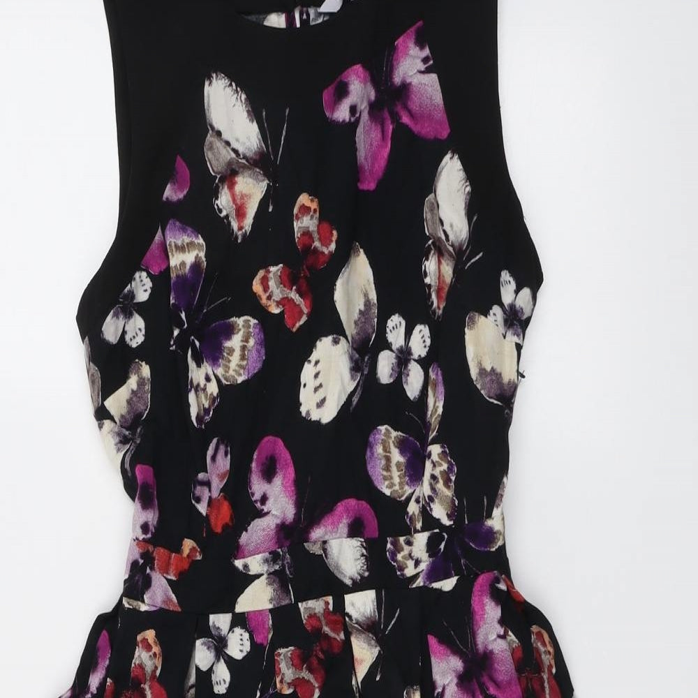 Red Herring Womens Black Geometric Viscose Fit & Flare Size 12 Round Neck Button - Butterfly pattern