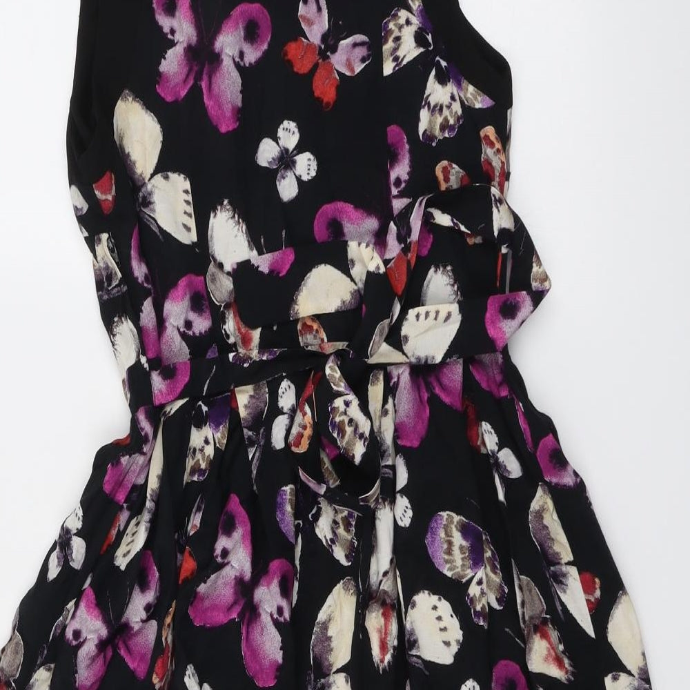 Red Herring Womens Black Geometric Viscose Fit & Flare Size 12 Round Neck Button - Butterfly pattern