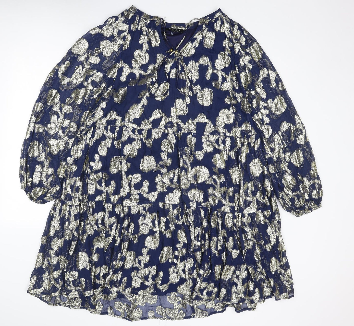 Kaleidoscope Womens Blue Geometric Viscose A-Line Size 16 Round Neck Tie