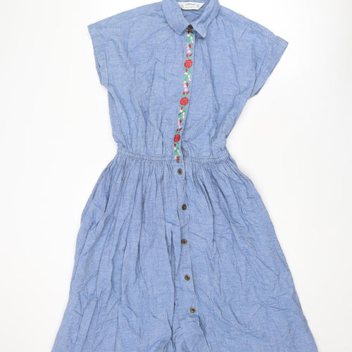 St Michael Womens Blue Cotton A-Line Size 12 Collared Button - Flower Detail