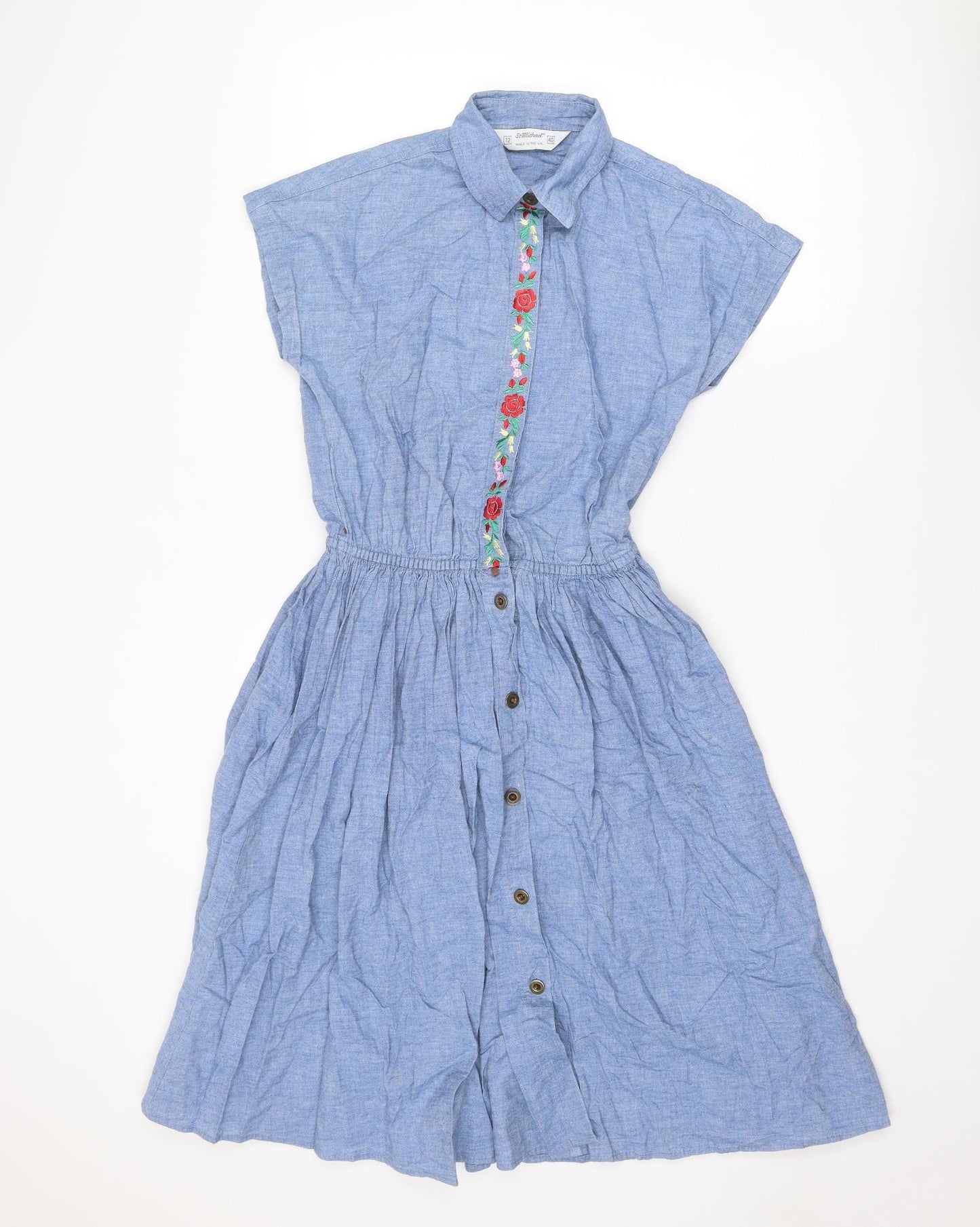 St Michael Womens Blue Cotton A-Line Size 12 Collared Button - Flower Detail