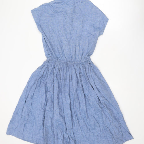 St Michael Womens Blue Cotton A-Line Size 12 Collared Button - Flower Detail