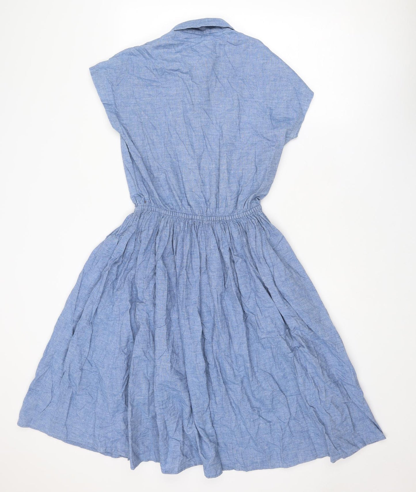 St Michael Womens Blue Cotton A-Line Size 12 Collared Button - Flower Detail