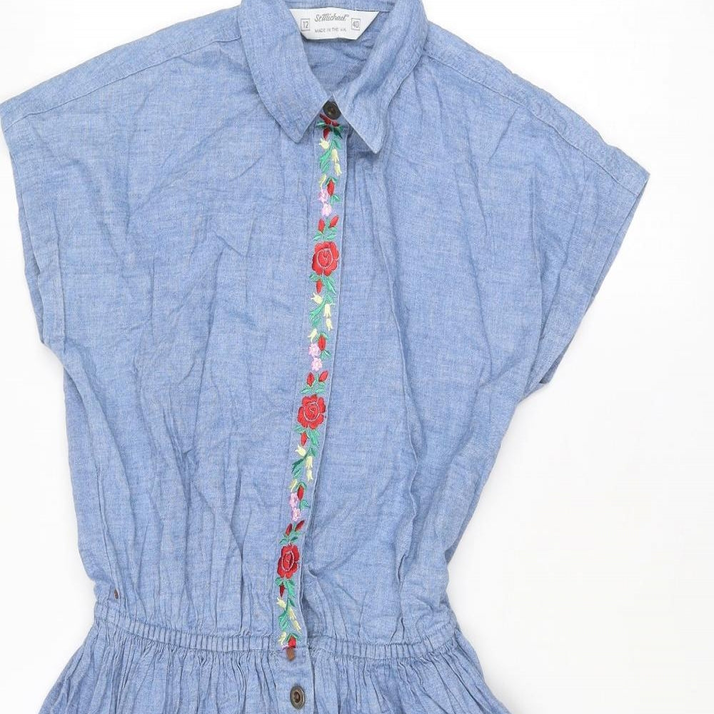 St Michael Womens Blue Cotton A-Line Size 12 Collared Button - Flower Detail