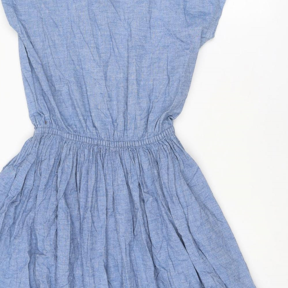St Michael Womens Blue Cotton A-Line Size 12 Collared Button - Flower Detail