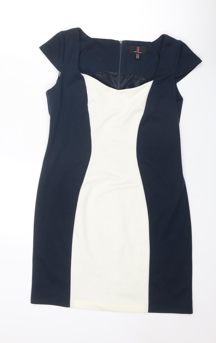 Simon Jefferey Womens Blue Geometric Polyester Shift Size 14 Square Neck Zip