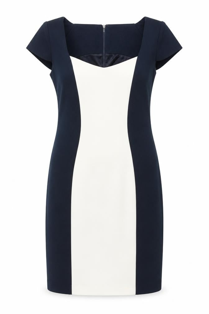 Front view of Simon Jefferey women’s blue geometric polyester shift, size UK 14, square neck zip