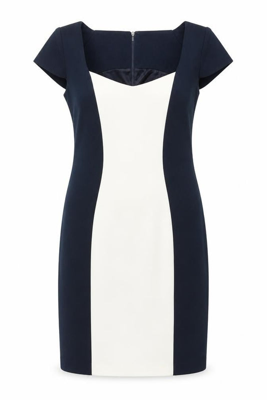 Front view of Simon Jefferey women’s blue geometric polyester shift, size UK 14, square neck zip