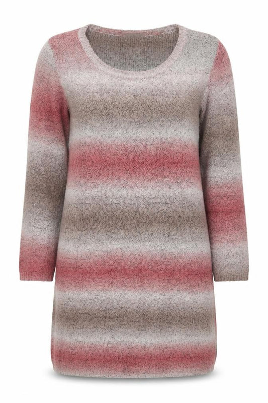 Front view of BNK women’s multicoloured round neck striped acrylic jumper, size UK 12