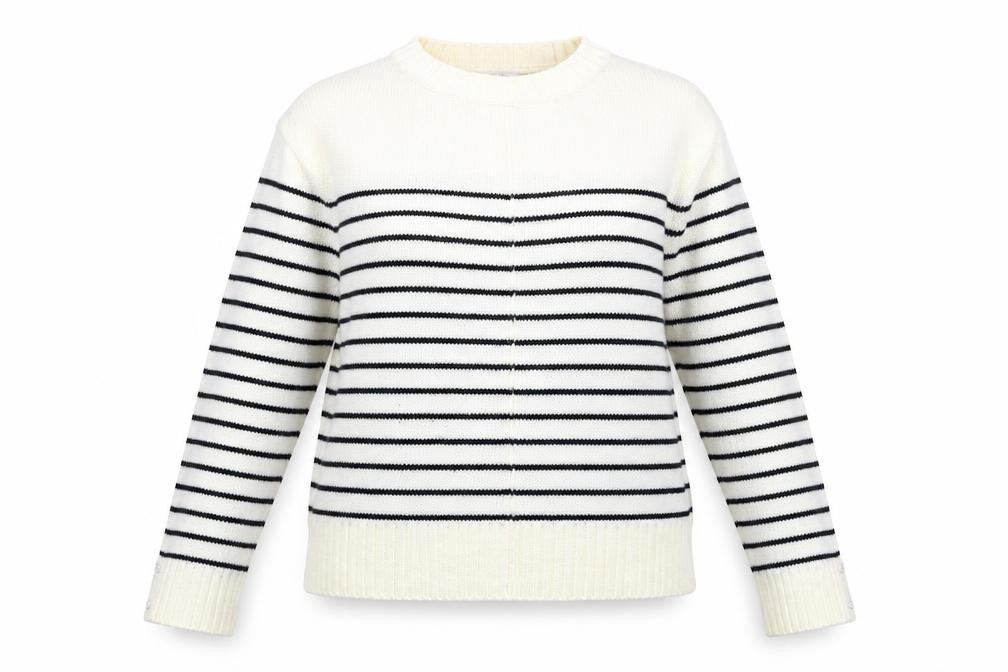 Front view of Next women’s ivory round neck striped acrylic jumper, size UK 6