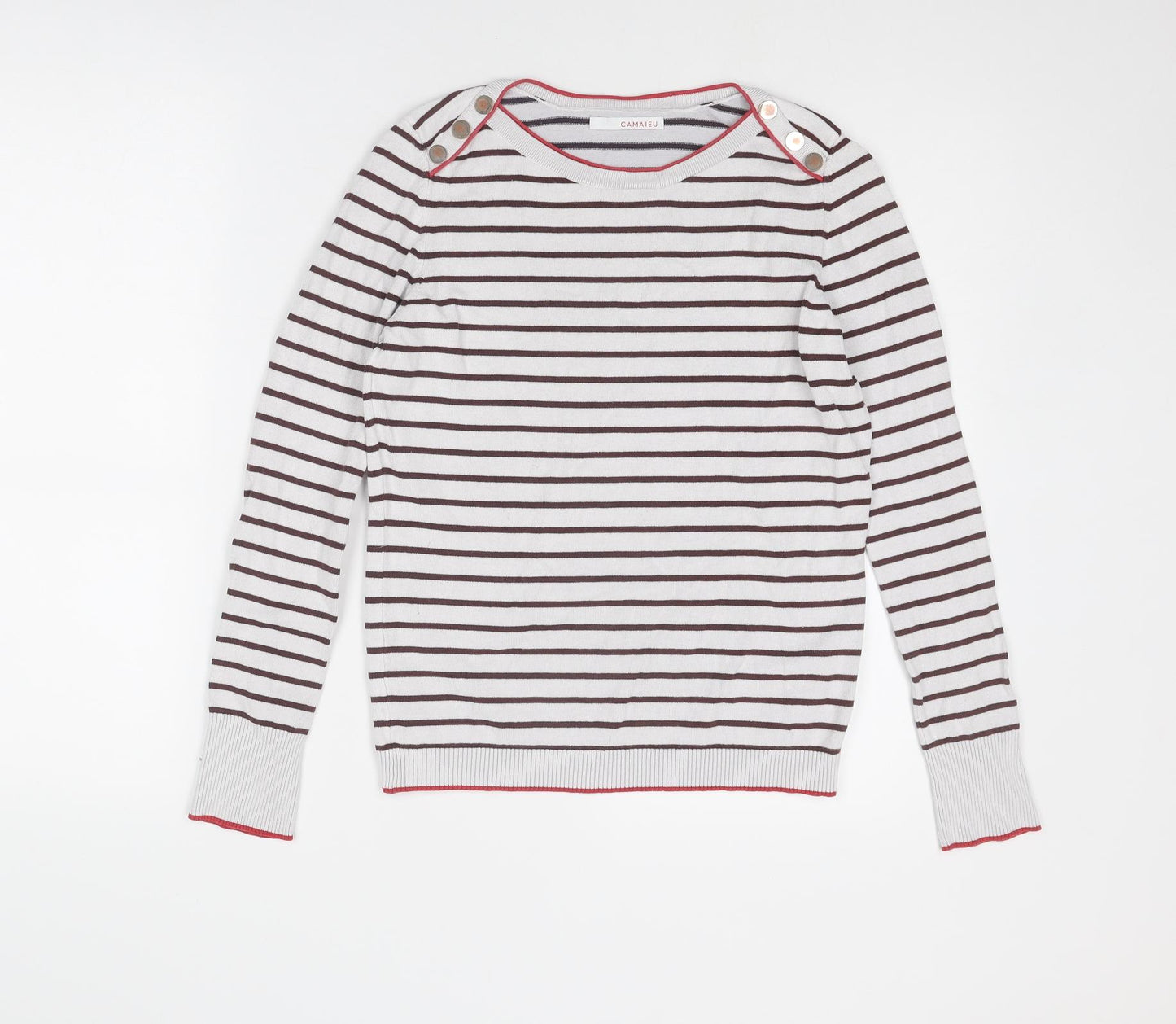 Camaïeu Womens White Round Neck Striped Viscose Pullover Jumper Size S