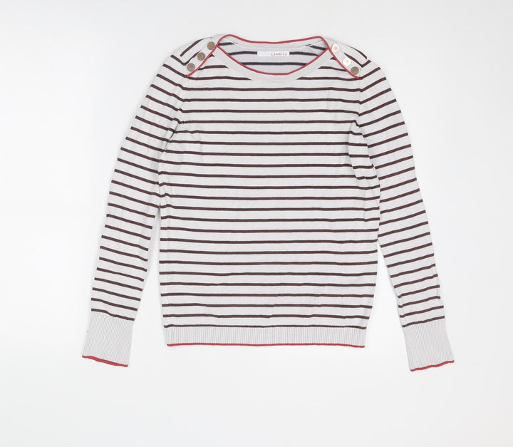 Camaïeu Womens White Round Neck Striped Viscose Pullover Jumper Size S
