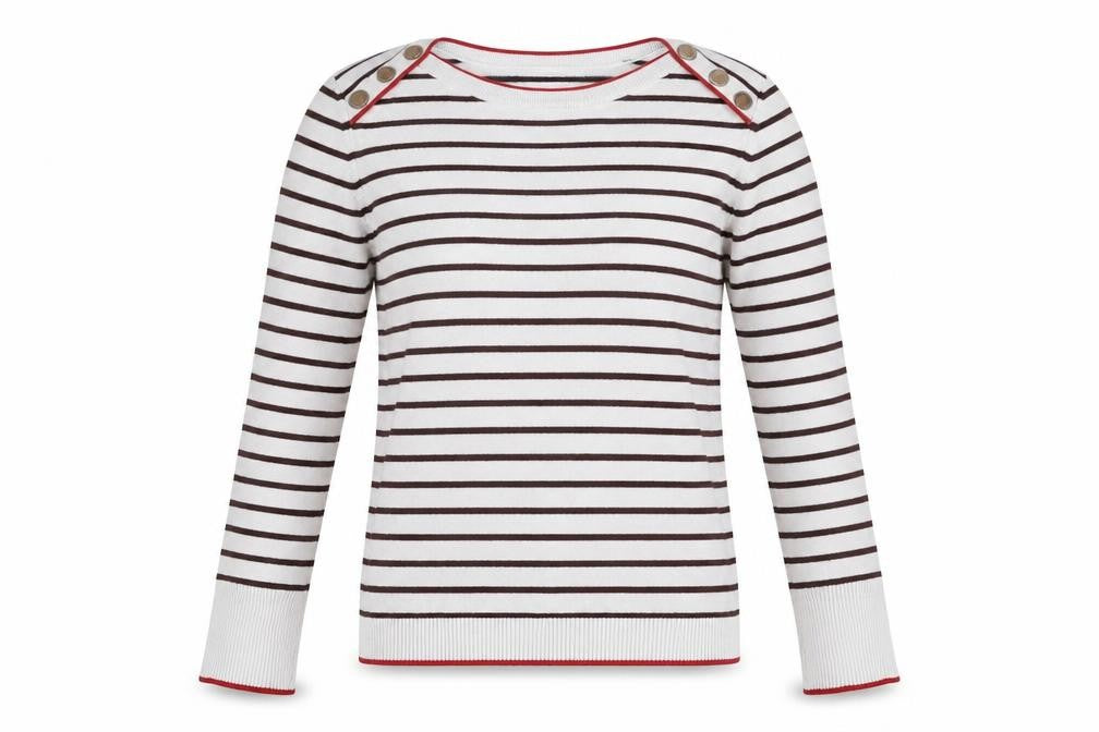Front view of Camaïeu women’s white round neck striped viscose jumper, size S