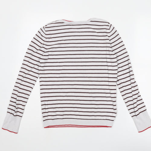 Camaïeu Womens White Round Neck Striped Viscose Pullover Jumper Size S