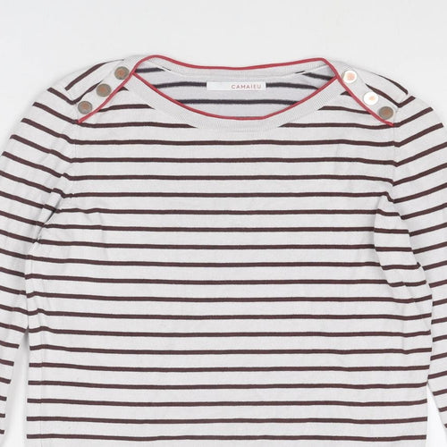 Camaïeu Womens White Round Neck Striped Viscose Pullover Jumper Size S