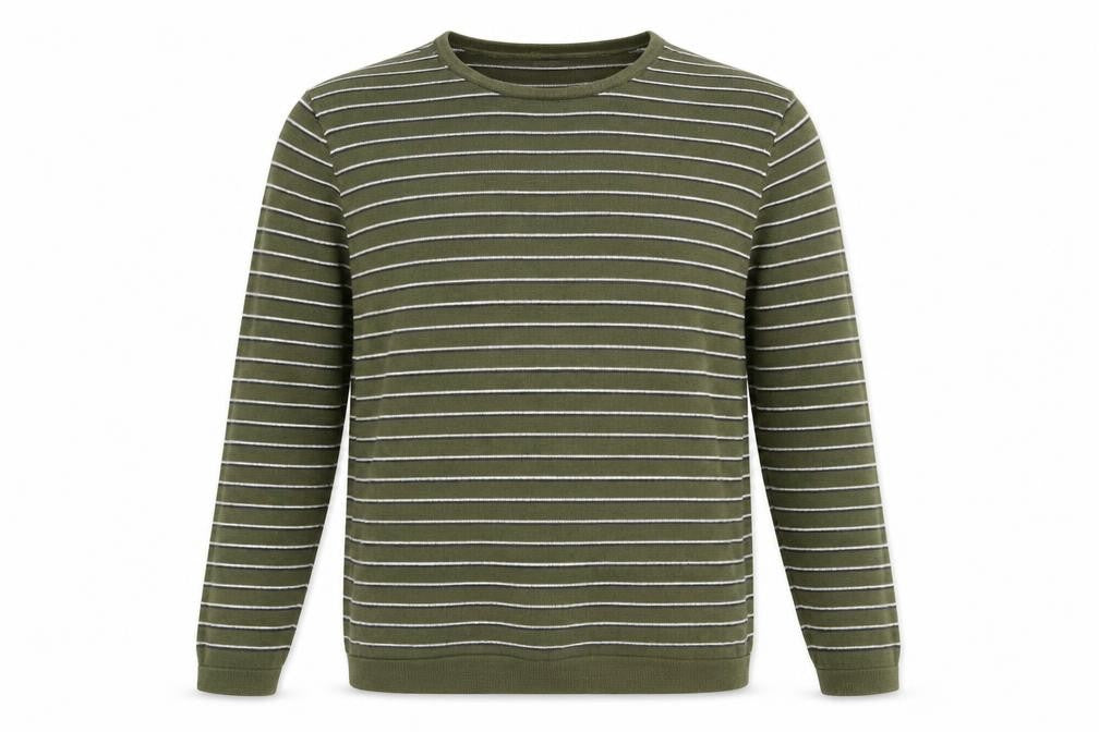 Front view of Next men’s green round neck striped cotton jumper, size S, long sleeve