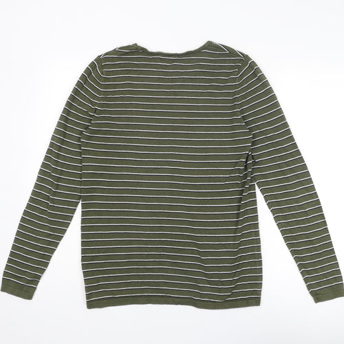 NEXT Mens Green Round Neck Striped Cotton Pullover Jumper Size S Long Sleeve
