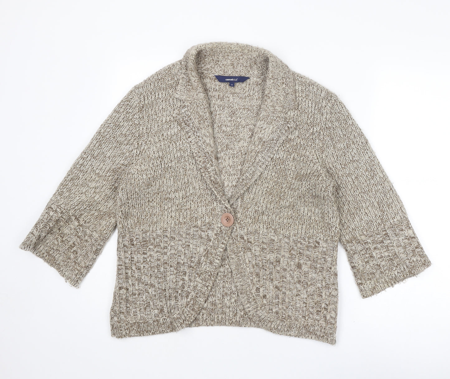 Casual Club Womens Beige Collared Acrylic Cardigan Jumper Size 14