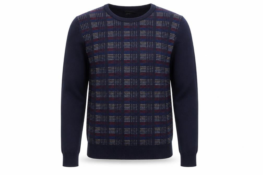 Front view of Selection men’s blue round neck geometric acrylic jumper, size S, long sleeve