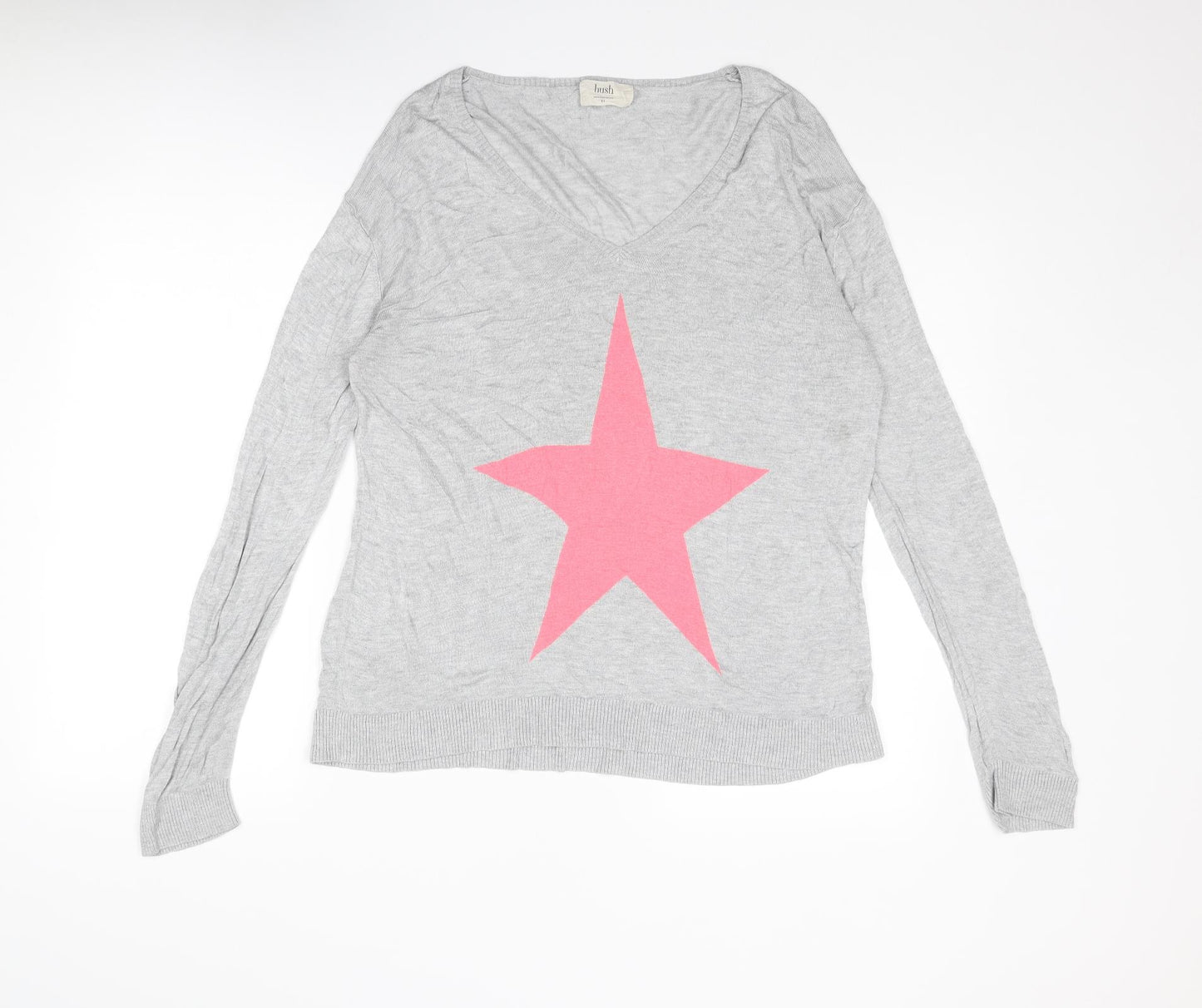 Hush Womens Grey V-Neck Bamboo Pullover Jumper Size M - Size M-L Star
