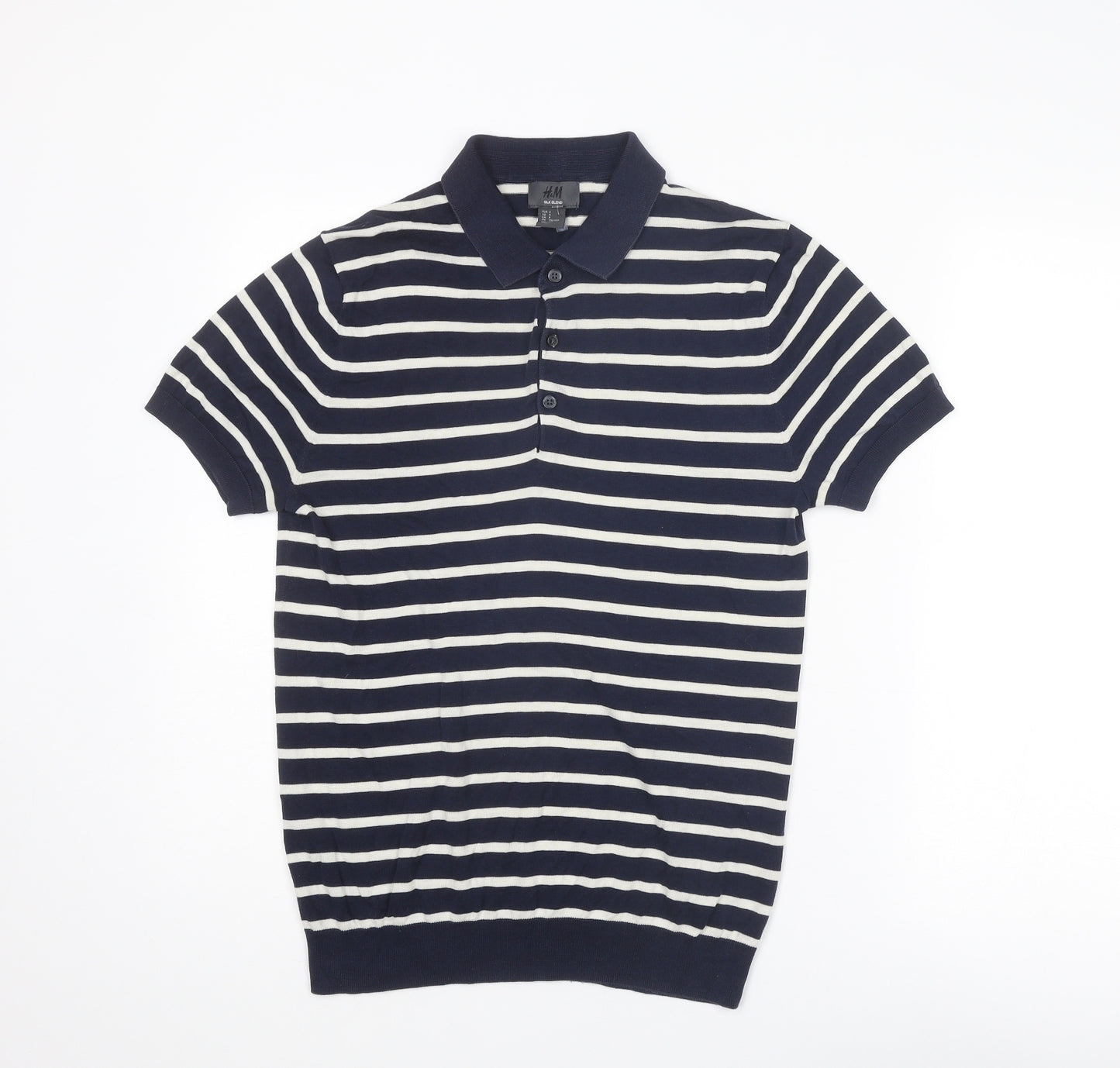 H&M Mens Blue Striped Cotton Polo Size S Collared Button