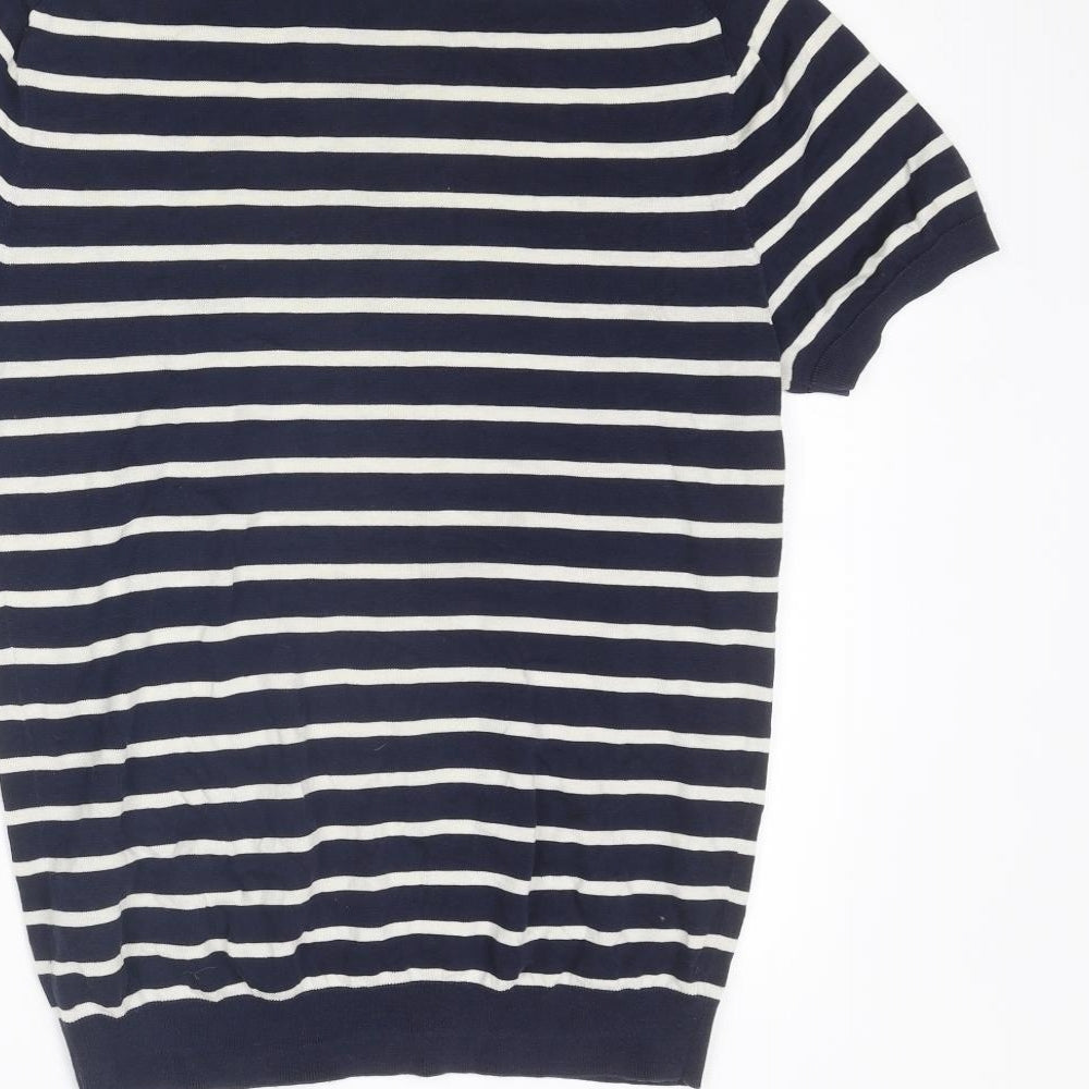 H&M Mens Blue Striped Cotton Polo Size S Collared Button