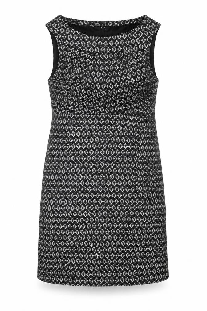 Front view of Next women’s black geometric nylon shift, size UK 14, round neck zip