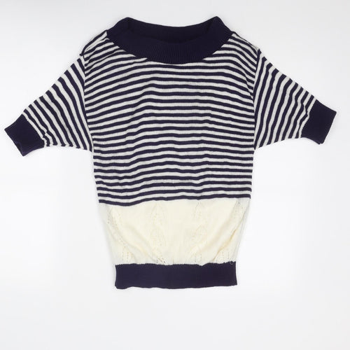 RONIT Womens Blue Boat Neck Striped Acrylic Pullover Jumper Size M