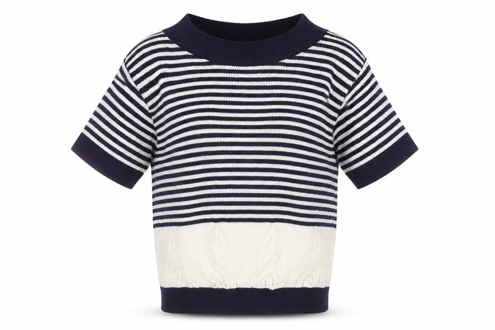 Front view of RONIT women’s blue boat neck striped acrylic jumper, size M