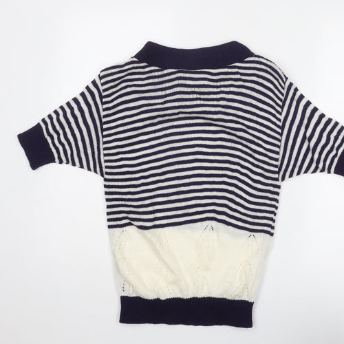 RONIT Womens Blue Boat Neck Striped Acrylic Pullover Jumper Size M