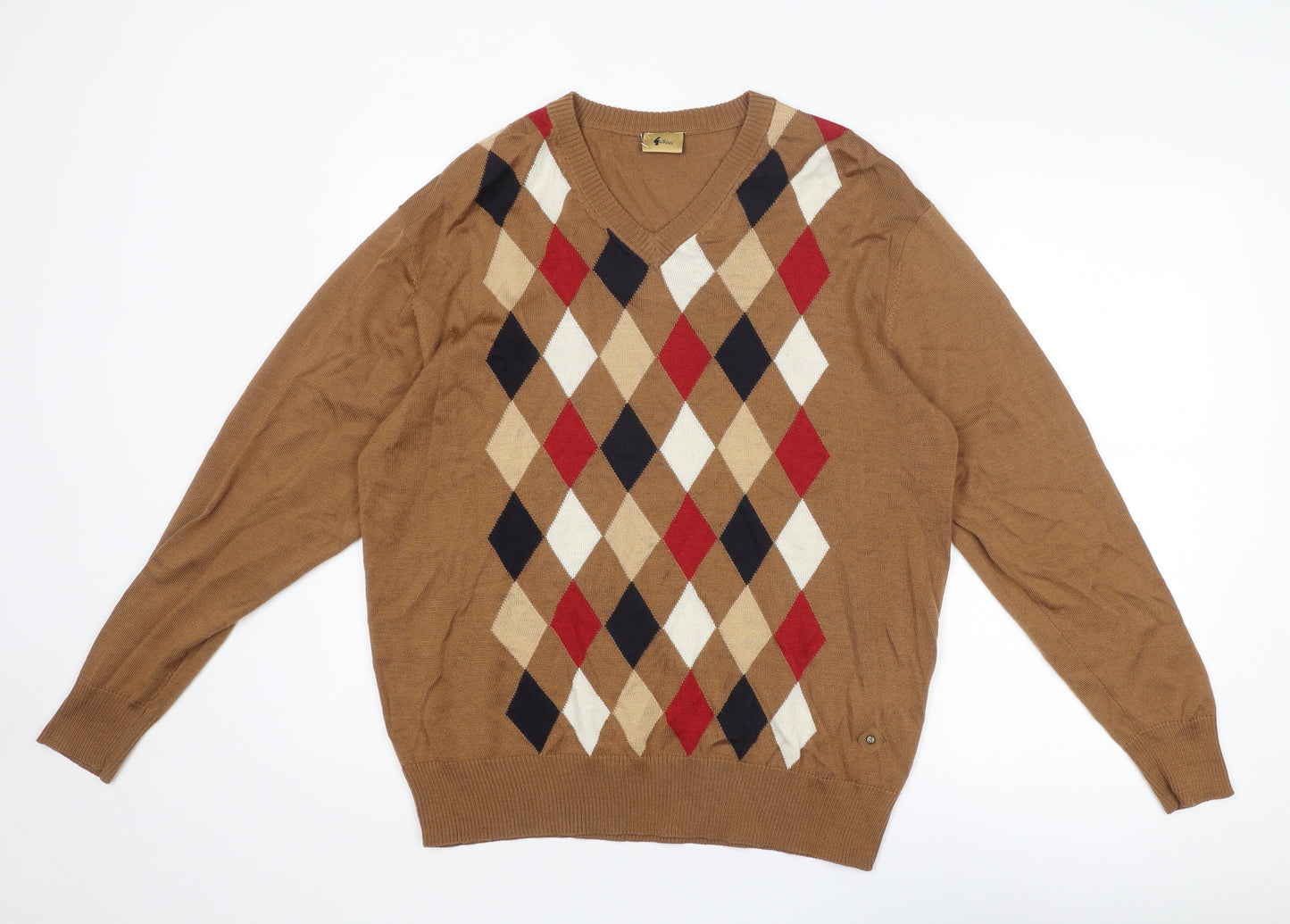 Gabicci Mens Brown V-Neck Argyle/Diamond Wool Pullover Jumper Size XL Long Sleeve