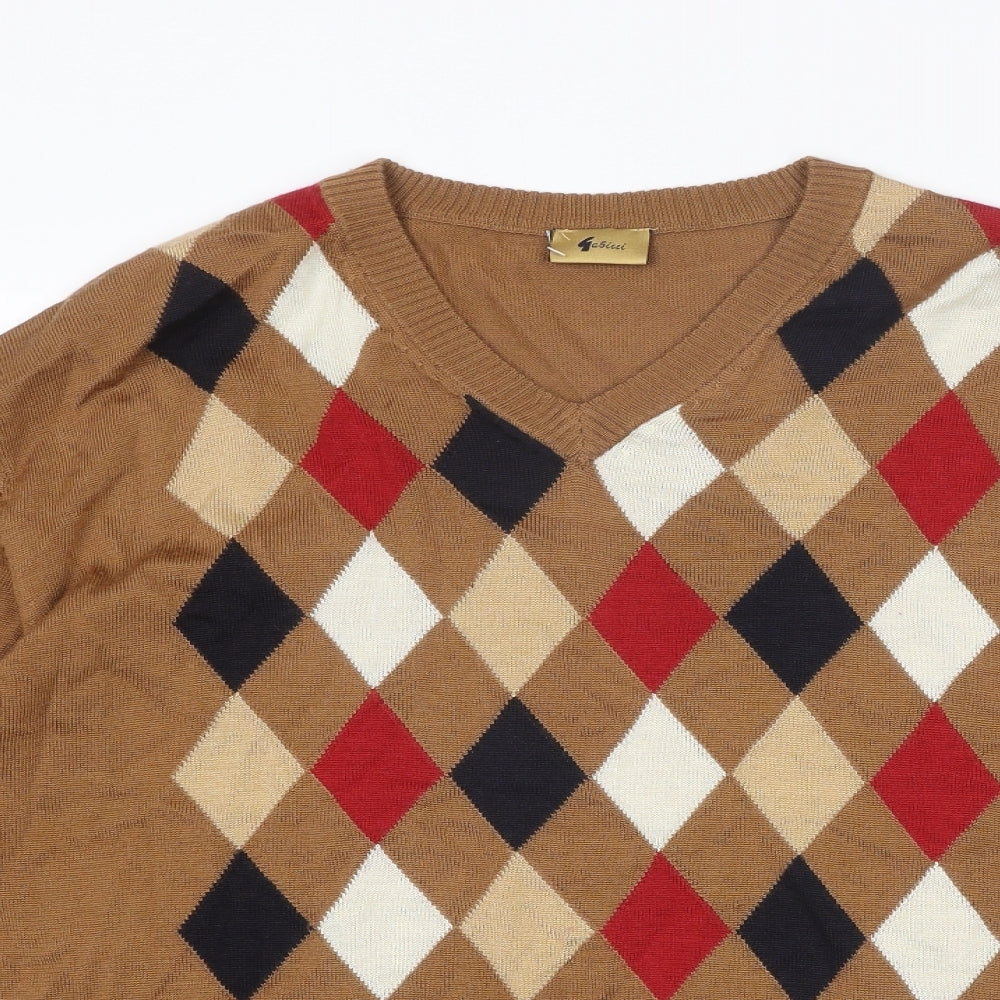 Gabicci Mens Brown V-Neck Argyle/Diamond Wool Pullover Jumper Size XL Long Sleeve