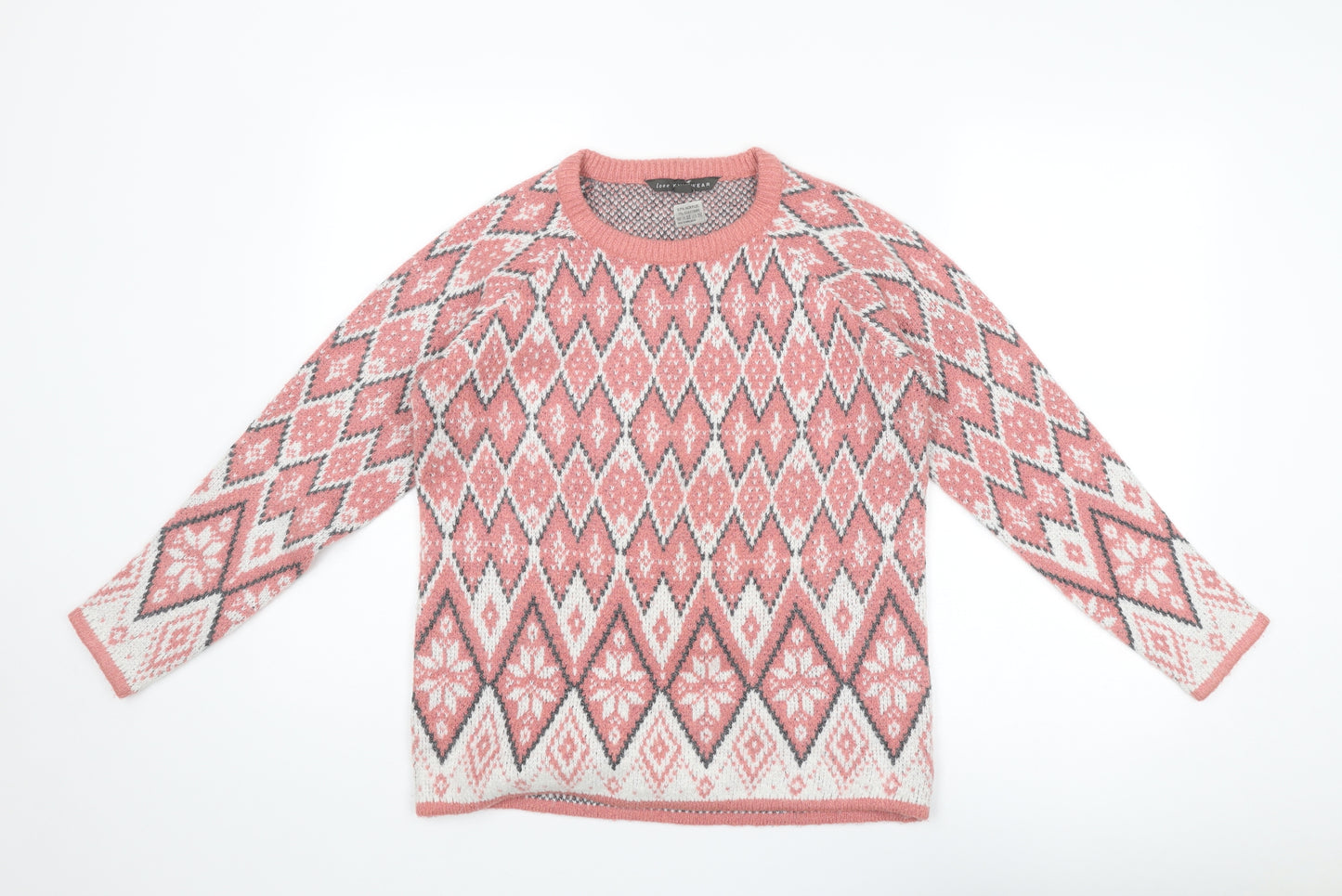 Love Knitwear Womens Pink Round Neck Fair Isle Acetate Pullover Jumper Size 14