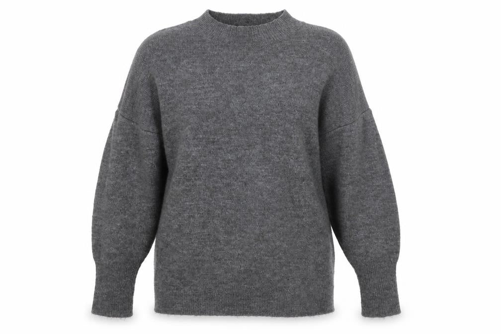 Front view of Dorothy Perkins women’s grey round neck acrylic jumper, size UK 16