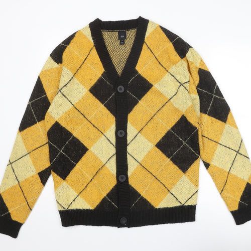 River Island Mens Yellow V-Neck Argyle/Diamond Acrylic Cardigan Jumper Size M Long Sleeve