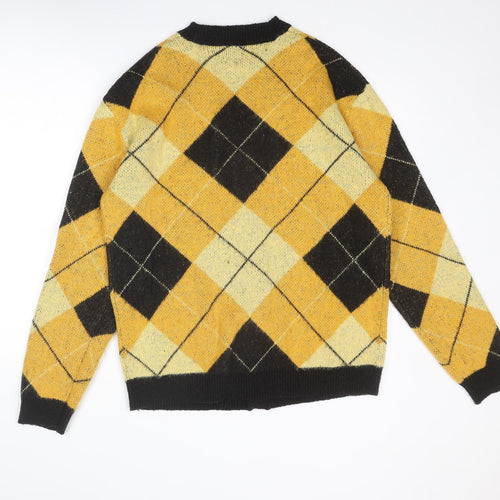 River Island Mens Yellow V-Neck Argyle/Diamond Acrylic Cardigan Jumper Size M Long Sleeve