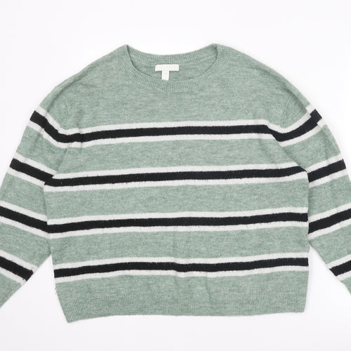 H&M Womens Green Round Neck Striped Acrylic Pullover Jumper Size L