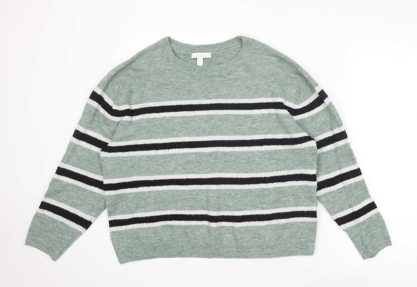 H&M Womens Green Round Neck Striped Acrylic Pullover Jumper Size L
