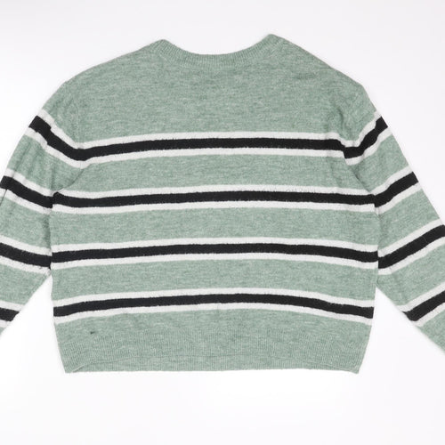 H&M Womens Green Round Neck Striped Acrylic Pullover Jumper Size L