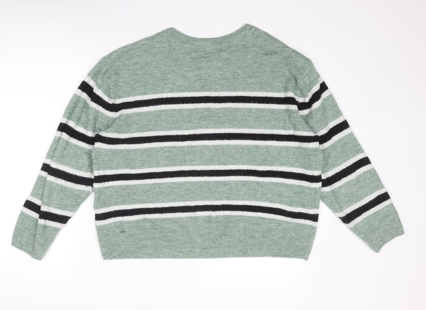 H&M Womens Green Round Neck Striped Acrylic Pullover Jumper Size L