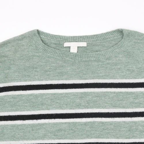 H&M Womens Green Round Neck Striped Acrylic Pullover Jumper Size L