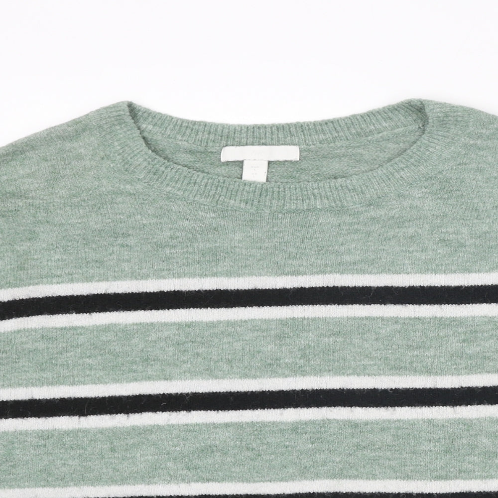 H&M Womens Green Round Neck Striped Acrylic Pullover Jumper Size L