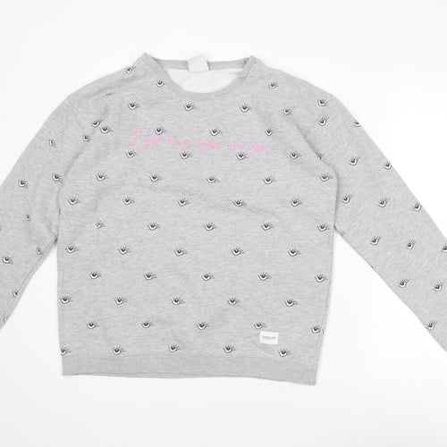 Colourful Rebel Womens Grey Geometric Polyester Pullover Sweatshirt Size L Pullover - Eyes Print Slogan