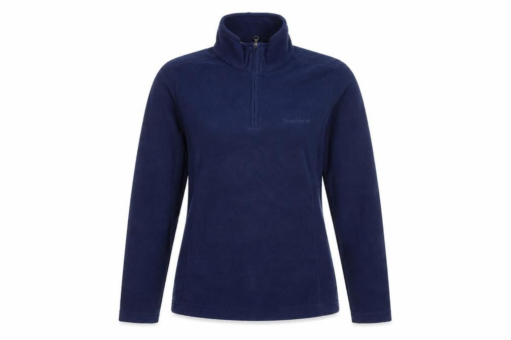 Front view of brasher women’s blue polyester pullover sweatshirt, size UK 10, zip