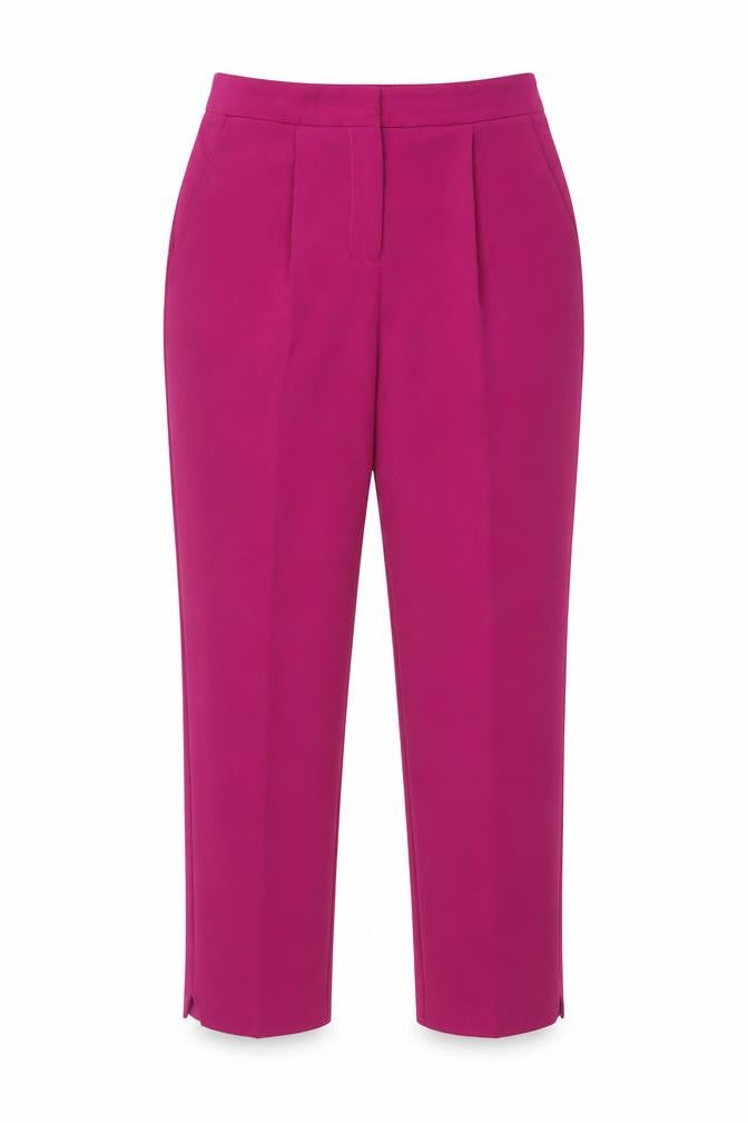 Front view of Topshop women’s purple polyester trousers, size UK 8, regular zip